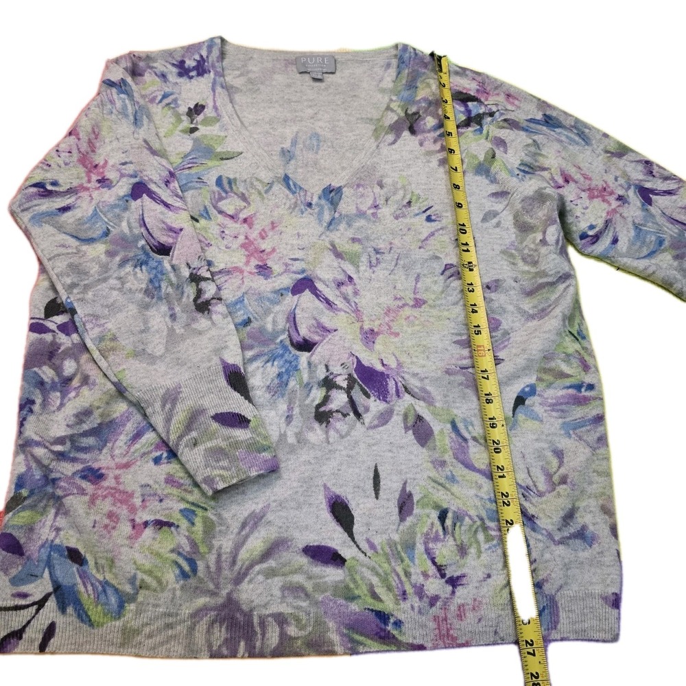 PURE COLLECTION 100% Cashmere Sw || V-Neck Floral Print Gray Purple Size US 18